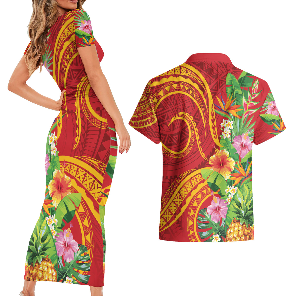 Polynesian Tribal Flower Tattoo Couples Matching Short Sleeve Bodycon Dress and Hawaiian Shirt Special Vermilion Vibe LT9 - Polynesian Pride
