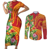 Polynesian Tribal Flower Tattoo Couples Matching Short Sleeve Bodycon Dress and Long Sleeve Button Shirt Special Vermilion Vibe LT9 Brownish-red - Polynesian Pride