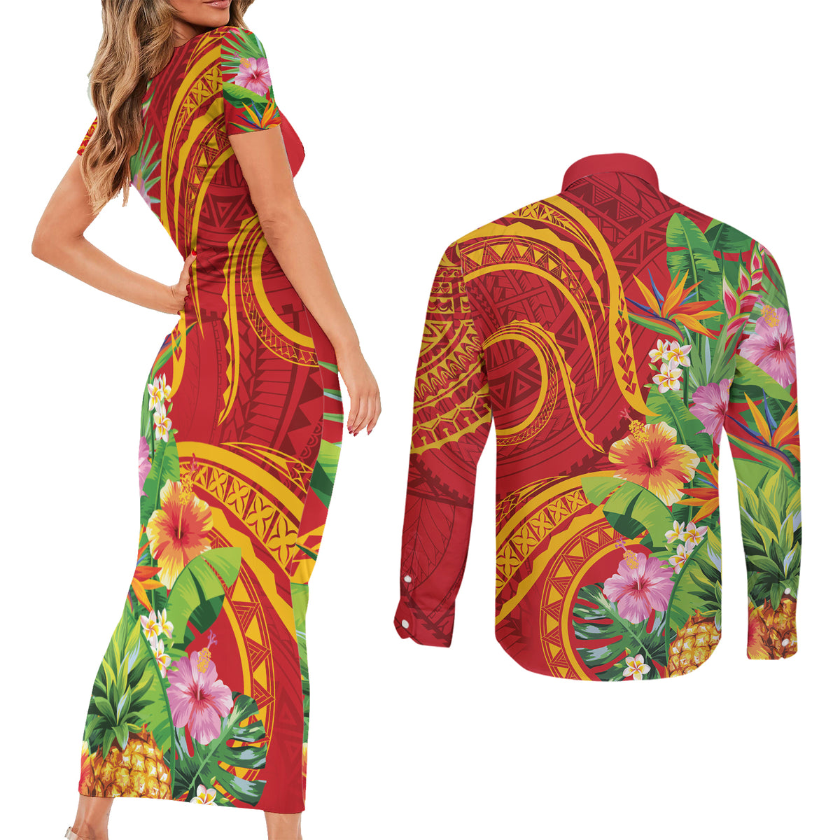 Polynesian Tribal Flower Tattoo Couples Matching Short Sleeve Bodycon Dress and Long Sleeve Button Shirt Special Vermilion Vibe LT9 - Polynesian Pride