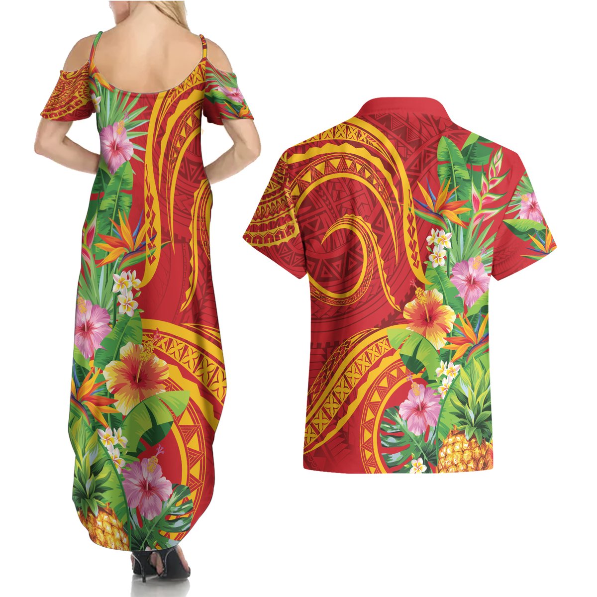 Polynesian Tribal Flower Tattoo Couples Matching Summer Maxi Dress and Hawaiian Shirt Special Vermilion Vibe LT9 - Polynesian Pride