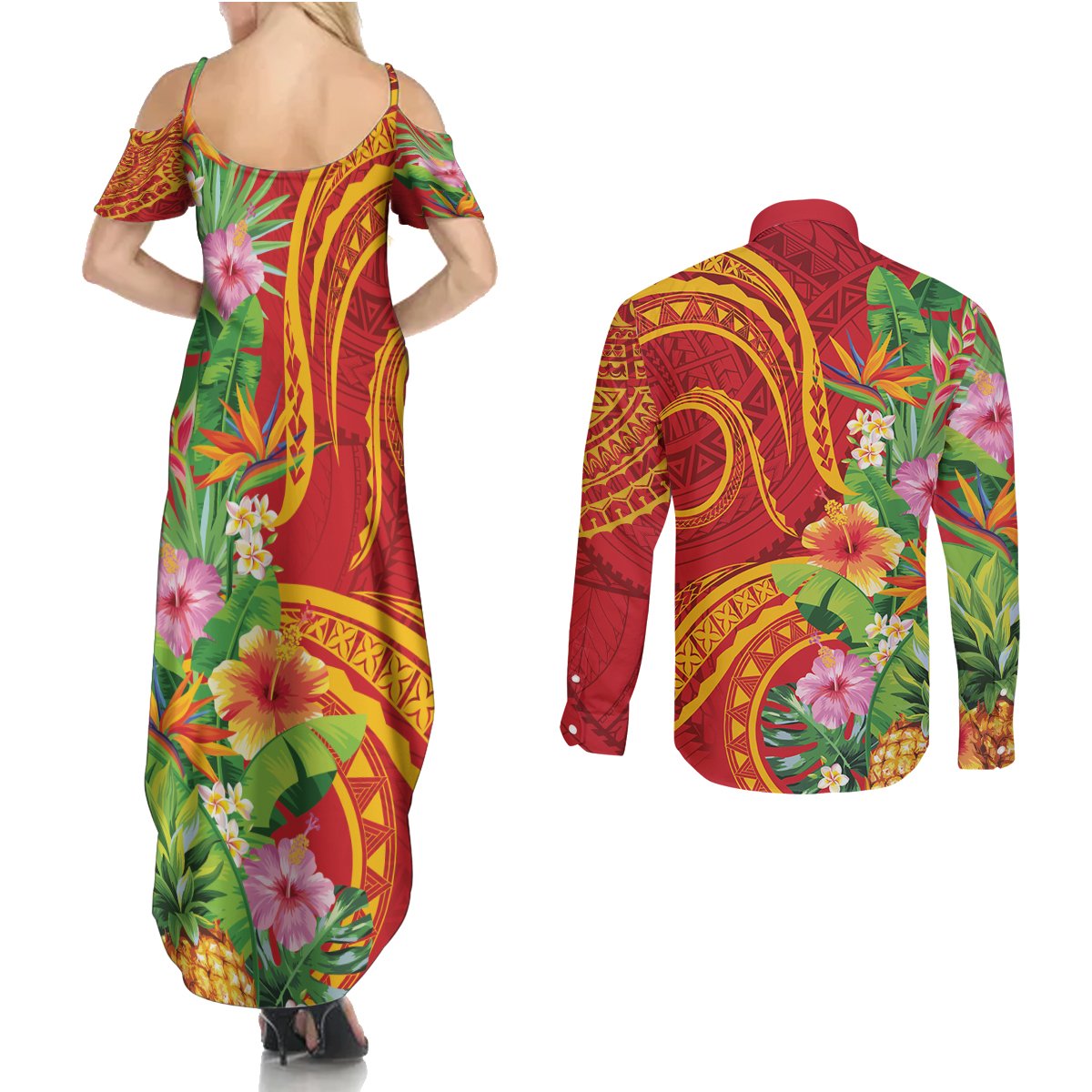 Polynesian Tribal Flower Tattoo Couples Matching Summer Maxi Dress and Long Sleeve Button Shirt Special Vermilion Vibe LT9 - Polynesian Pride