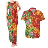 Polynesian Tribal Flower Tattoo Couples Matching Tank Maxi Dress and Hawaiian Shirt Special Vermilion Vibe LT9 Brownish-red - Polynesian Pride
