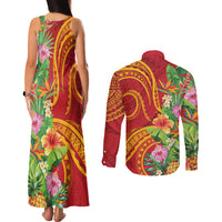Polynesian Tribal Flower Tattoo Couples Matching Tank Maxi Dress and Long Sleeve Button Shirt Special Vermilion Vibe LT9 - Polynesian Pride