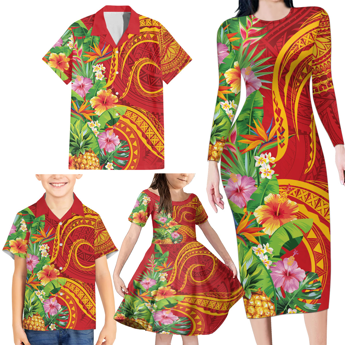 Polynesian Tribal Flower Tattoo Family Matching Long Sleeve Bodycon Dress and Hawaiian Shirt Special Vermilion Vibe LT9 - Polynesian Pride