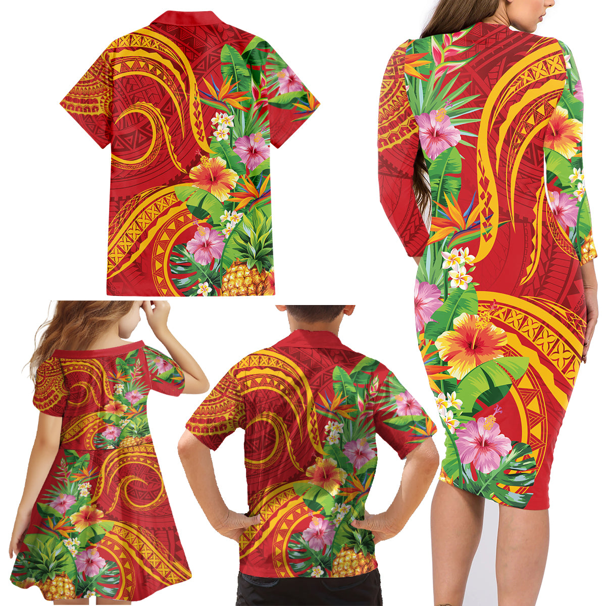 Polynesian Tribal Flower Tattoo Family Matching Long Sleeve Bodycon Dress and Hawaiian Shirt Special Vermilion Vibe LT9 - Polynesian Pride