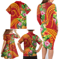 Polynesian Tribal Flower Tattoo Family Matching Long Sleeve Bodycon Dress and Hawaiian Shirt Special Vermilion Vibe LT9 - Polynesian Pride