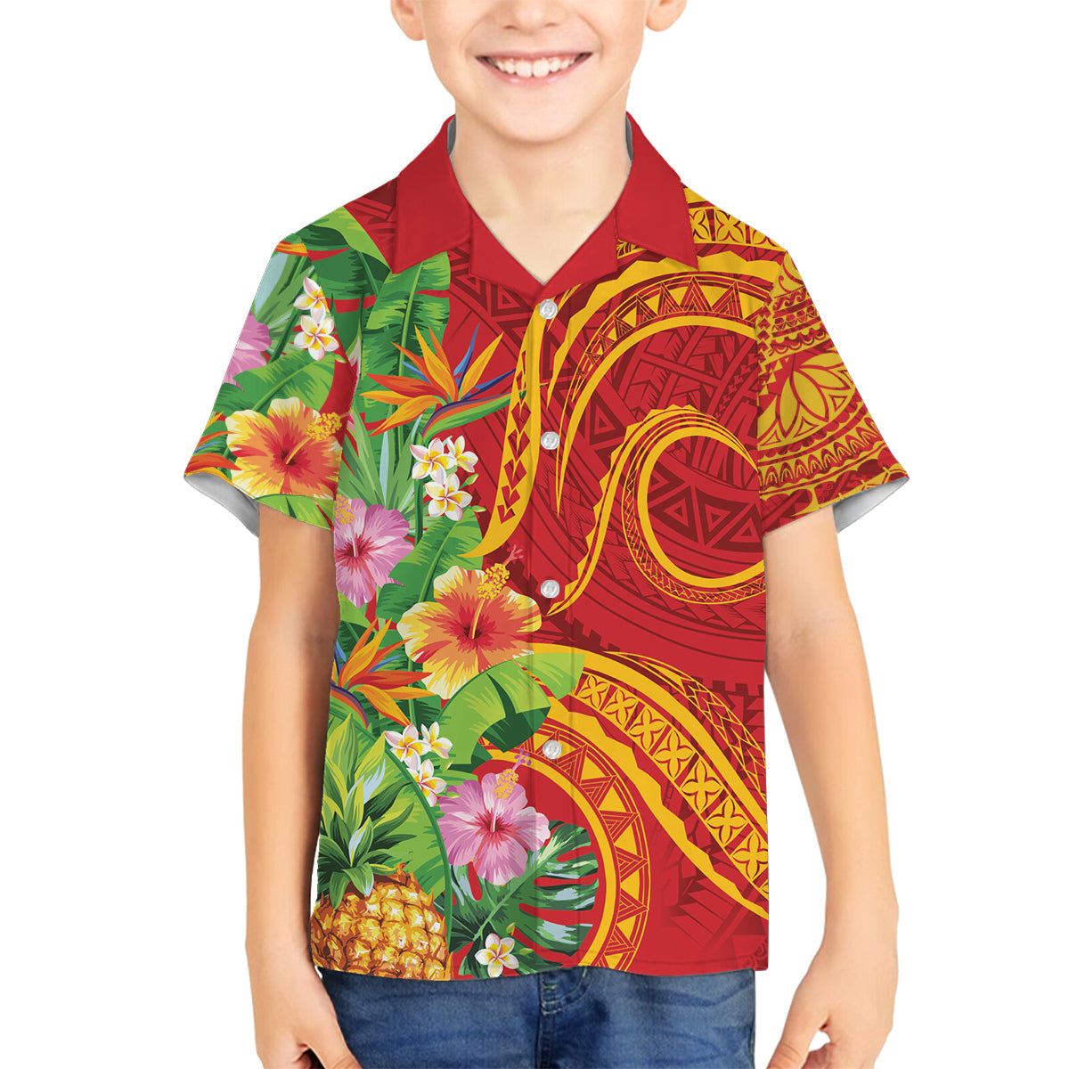 Polynesian Tribal Flower Tattoo Family Matching Long Sleeve Bodycon Dress and Hawaiian Shirt Special Vermilion Vibe LT9 Son's Shirt Brownish-red - Polynesian Pride