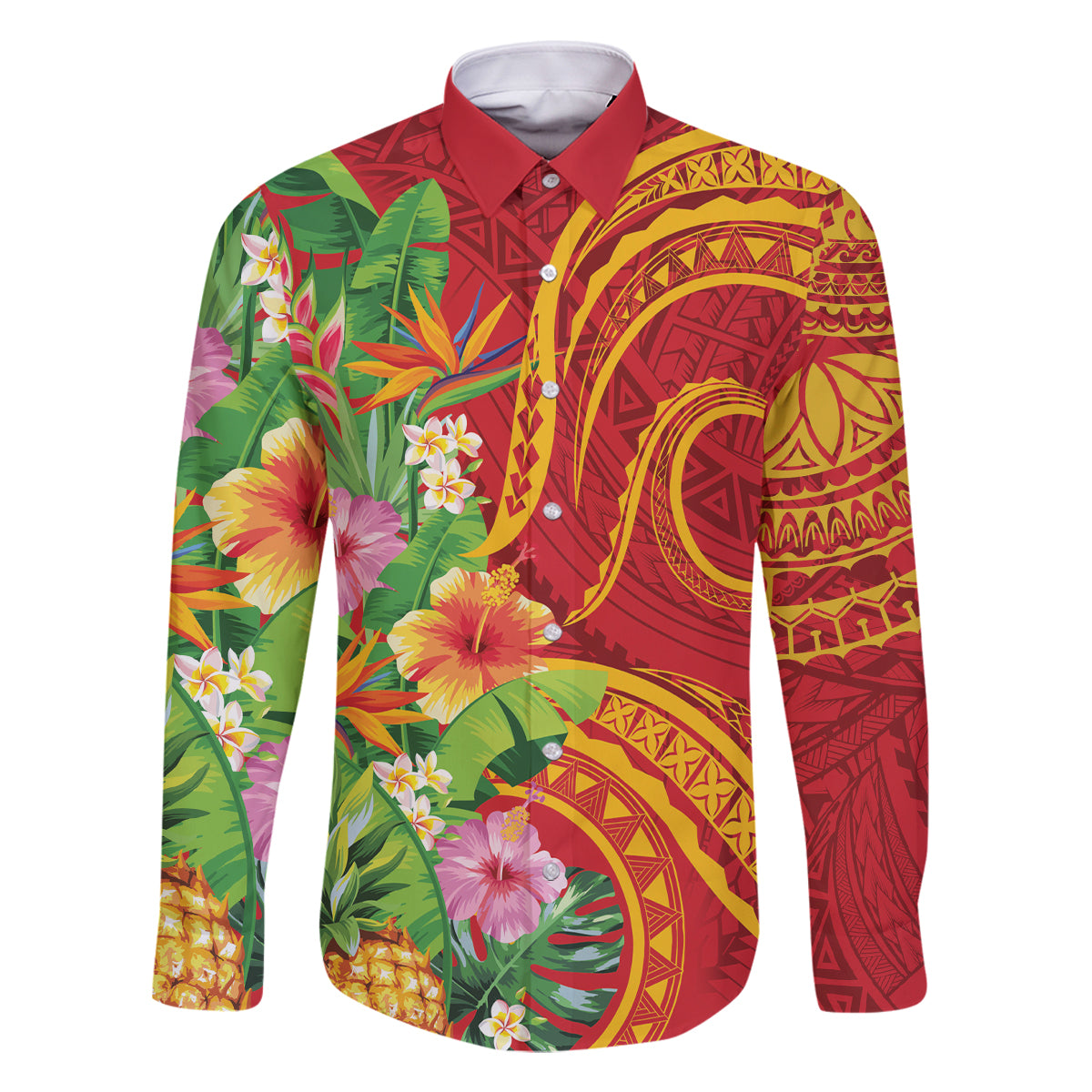 Polynesian Tribal Flower Tattoo Family Matching Mermaid Dress and Hawaiian Shirt Special Vermilion Vibe LT9 Dad's Shirt - Long Sleeve Brownish-red - Polynesian Pride