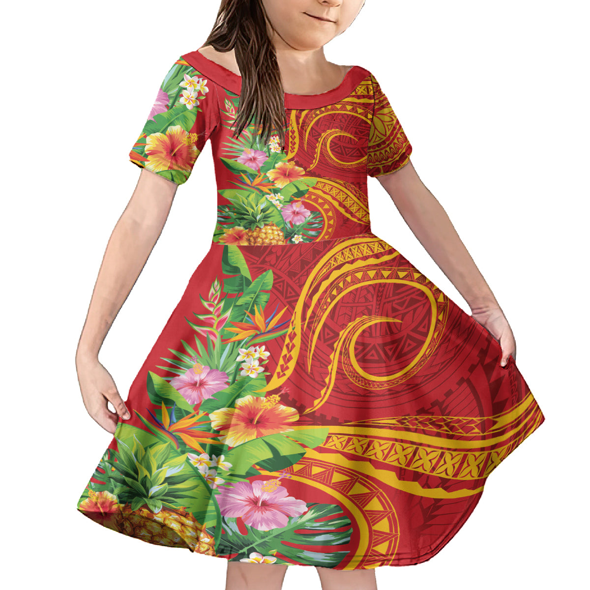 Polynesian Tribal Flower Tattoo Family Matching Off The Shoulder Long Sleeve Dress and Hawaiian Shirt Special Vermilion Vibe LT9 Daughter's Dress Brownish-red - Polynesian Pride