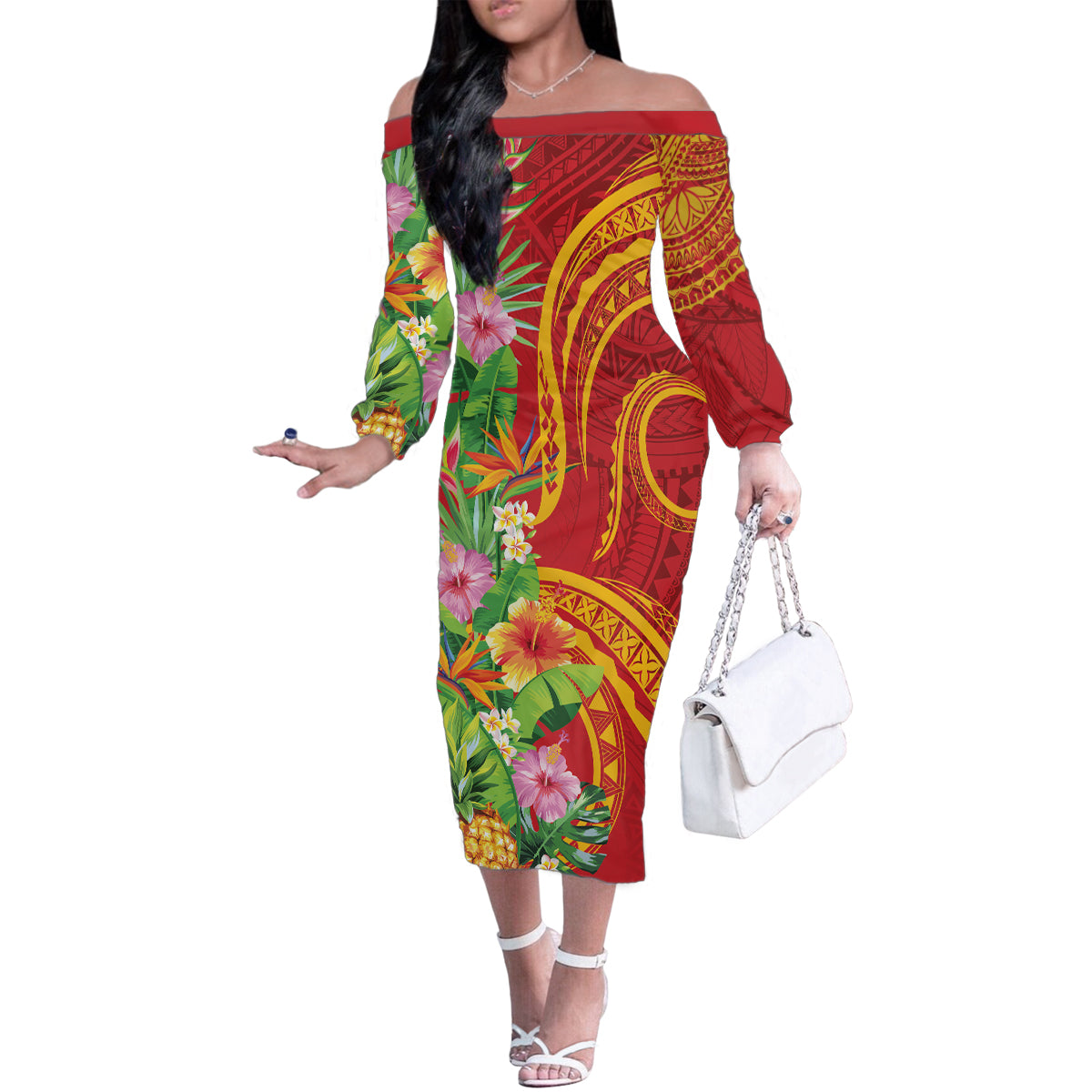 Polynesian Tribal Flower Tattoo Family Matching Off The Shoulder Long Sleeve Dress and Hawaiian Shirt Special Vermilion Vibe LT9 Mom's Dress Brownish-red - Polynesian Pride