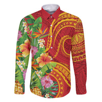 Polynesian Tribal Flower Tattoo Family Matching Off Shoulder Short Dress and Hawaiian Shirt Special Vermilion Vibe LT9 Dad's Shirt - Long Sleeve Brownish-red - Polynesian Pride
