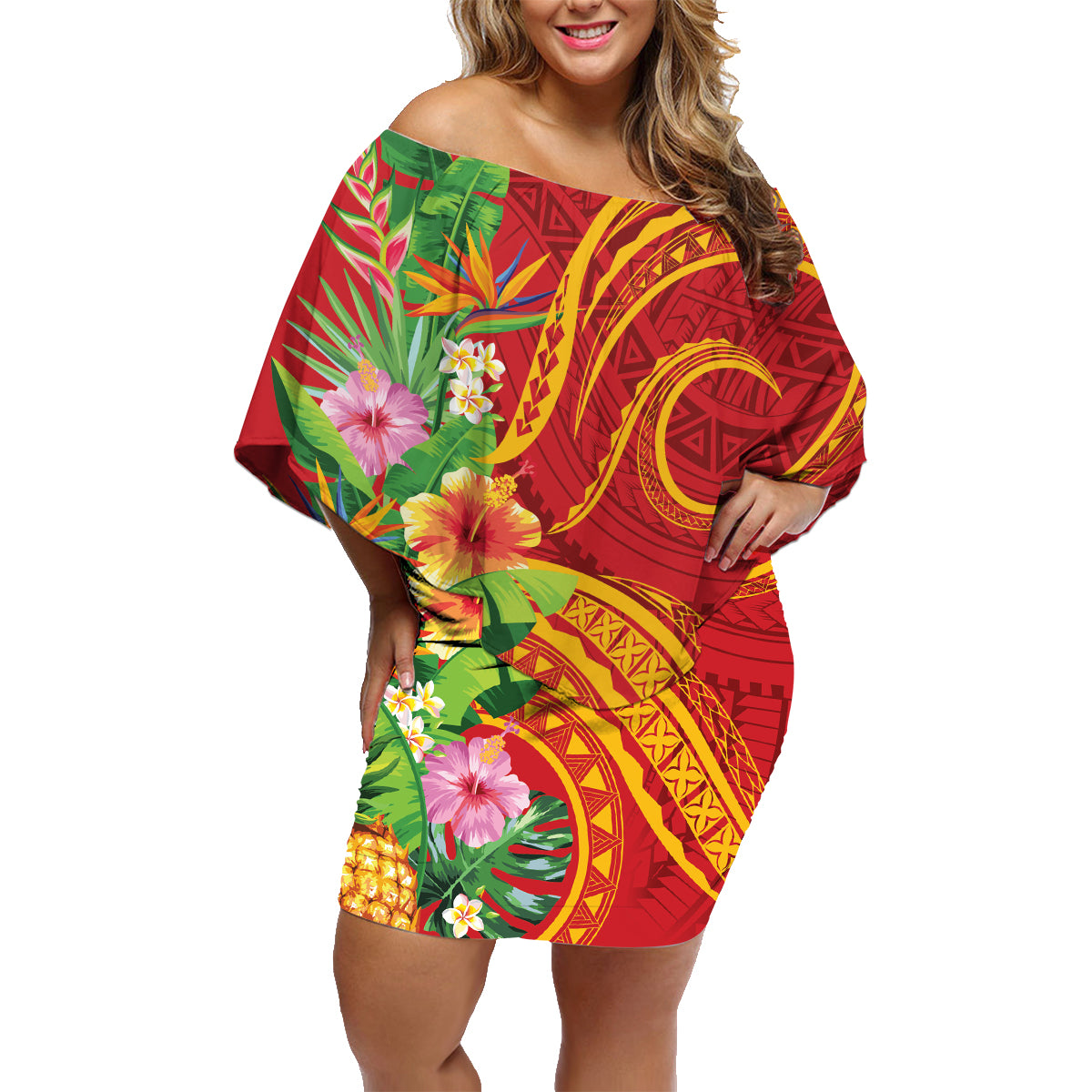Polynesian Tribal Flower Tattoo Family Matching Off Shoulder Short Dress and Hawaiian Shirt Special Vermilion Vibe LT9 Mom's Dress Brownish-red - Polynesian Pride