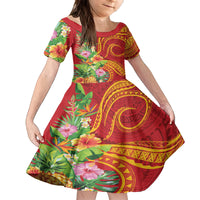Polynesian Tribal Flower Tattoo Family Matching Puletasi and Hawaiian Shirt Special Vermilion Vibe LT9 Daughter's Dress Brownish-red - Polynesian Pride