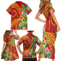 Polynesian Tribal Flower Tattoo Family Matching Short Sleeve Bodycon Dress and Hawaiian Shirt Special Vermilion Vibe LT9 - Polynesian Pride