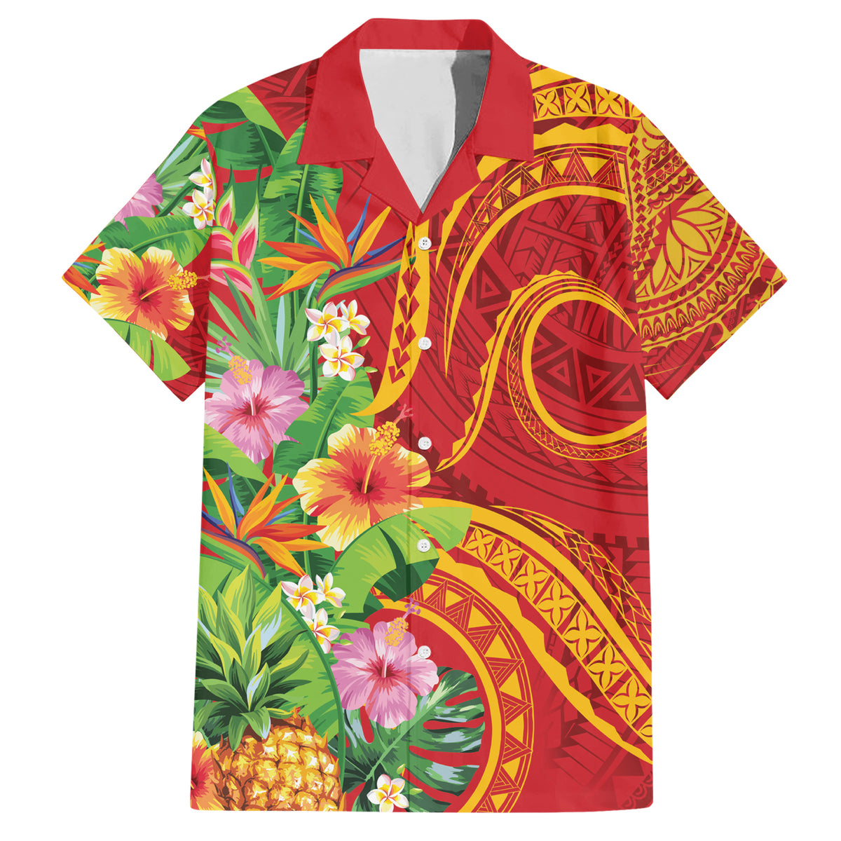 Polynesian Tribal Flower Tattoo Family Matching Short Sleeve Bodycon Dress and Hawaiian Shirt Special Vermilion Vibe LT9 Dad's Shirt - Short Sleeve Brownish-red - Polynesian Pride