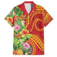 Polynesian Tribal Flower Tattoo Family Matching Short Sleeve Bodycon Dress and Hawaiian Shirt Special Vermilion Vibe LT9 Dad's Shirt - Short Sleeve Brownish-red - Polynesian Pride