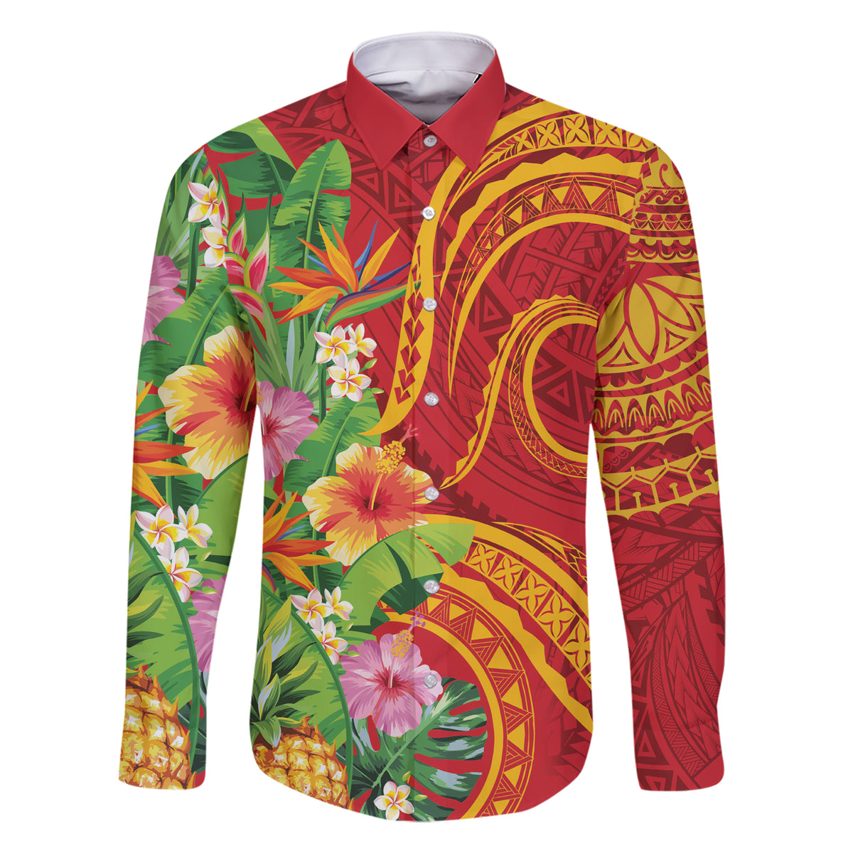 Polynesian Tribal Flower Tattoo Family Matching Short Sleeve Bodycon Dress and Hawaiian Shirt Special Vermilion Vibe LT9 Dad's Shirt - Long Sleeve Brownish-red - Polynesian Pride