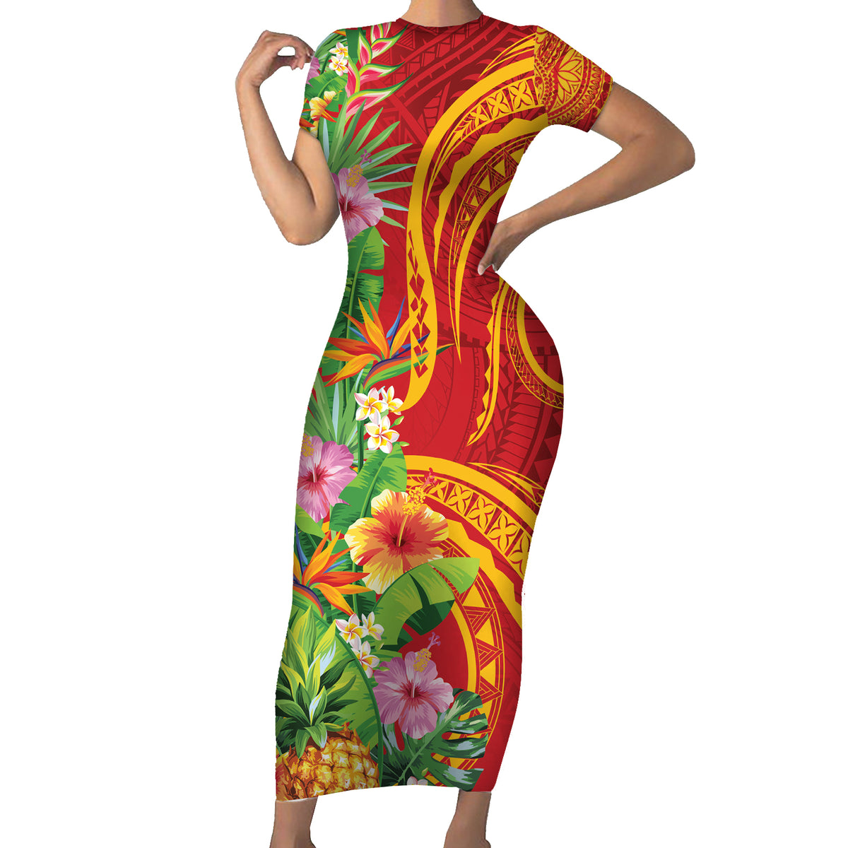 Polynesian Tribal Flower Tattoo Family Matching Short Sleeve Bodycon Dress and Hawaiian Shirt Special Vermilion Vibe LT9 Mom's Dress Brownish-red - Polynesian Pride