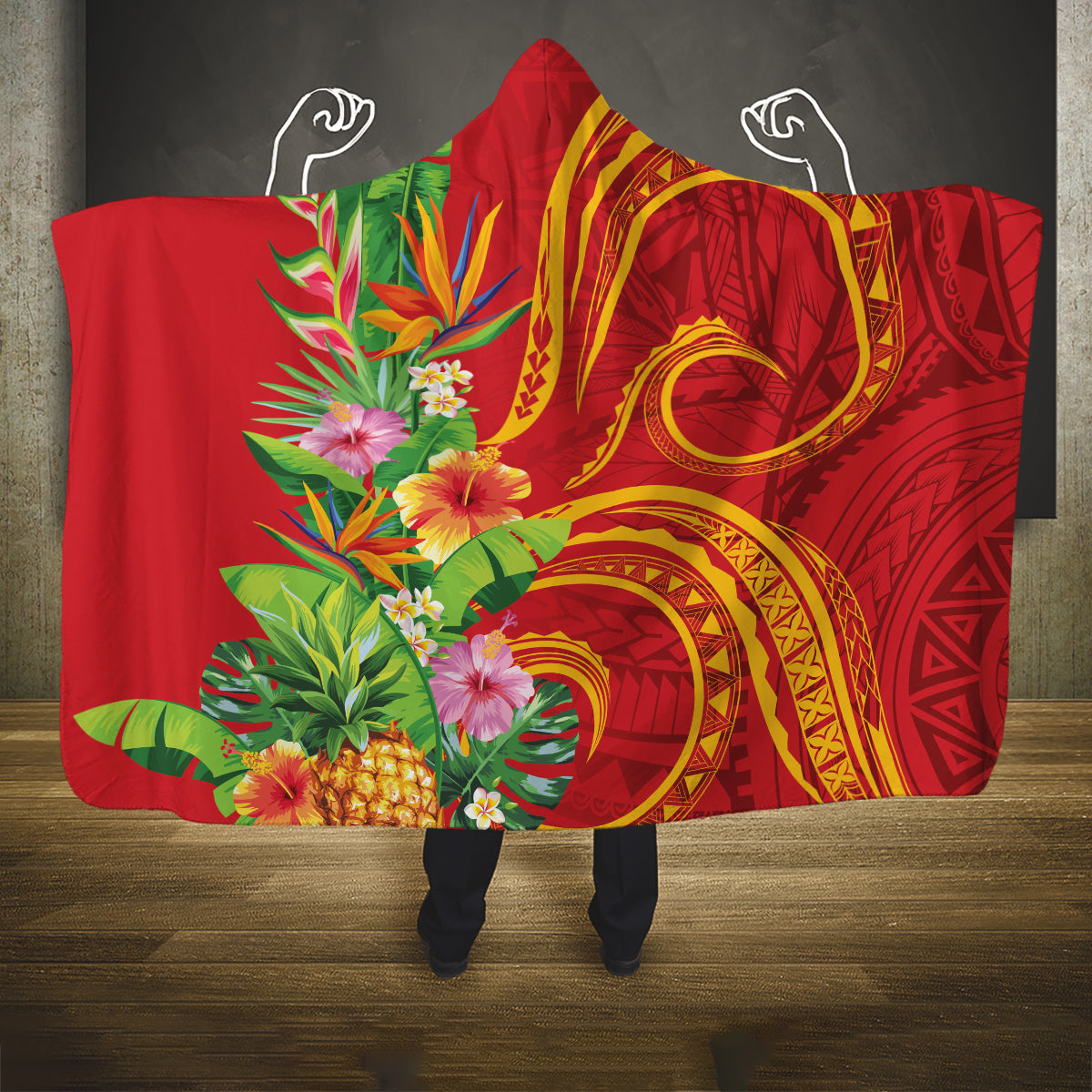 Polynesian Tribal Flower Tattoo Hooded Blanket Special Vermilion Vibe LT9 One Size Brownish-red - Polynesian Pride