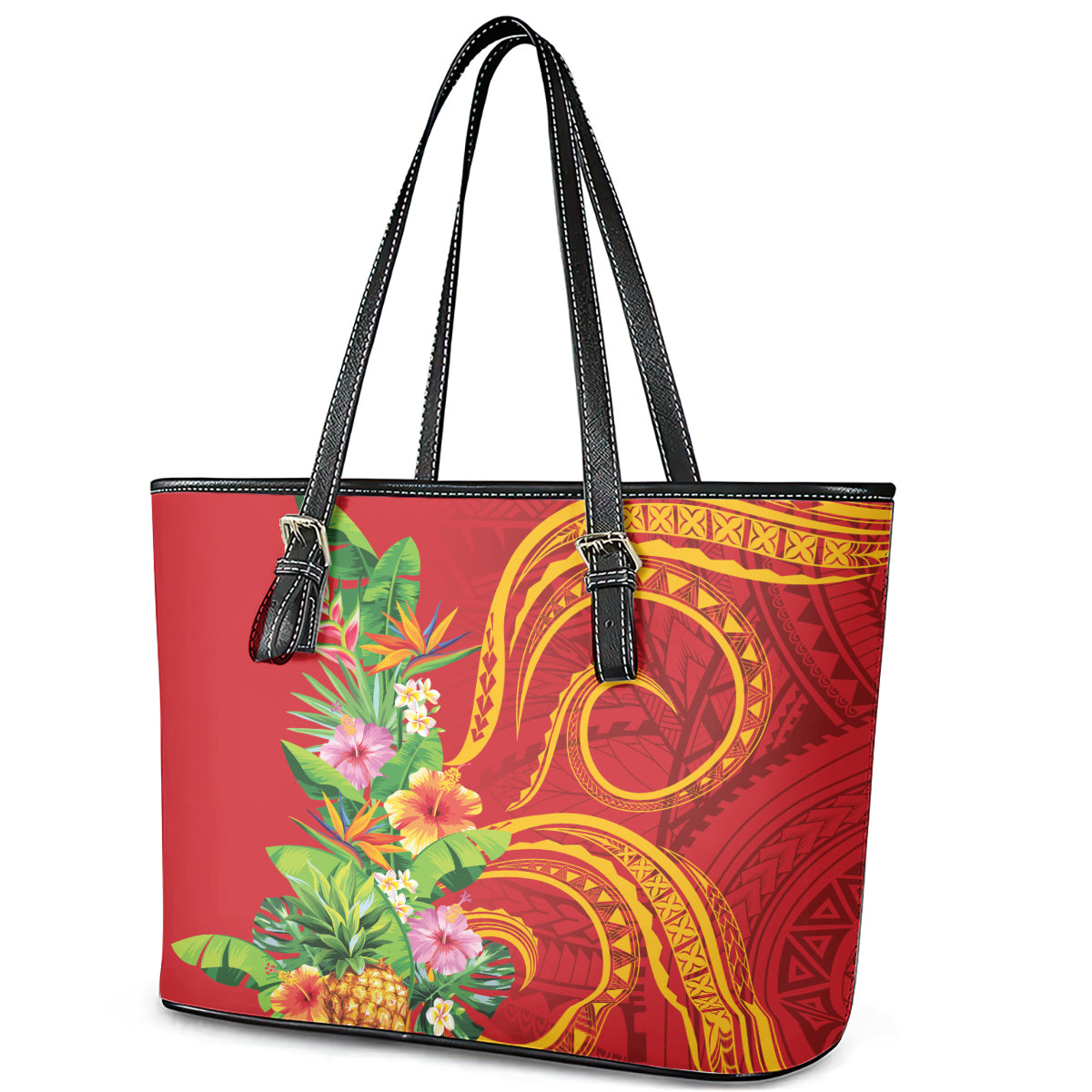 Polynesian Tribal Flower Tattoo Leather Tote Bag Special Vermilion Vibe