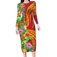 Polynesian Tribal Flower Tattoo Long Sleeve Bodycon Dress Special Vermilion Vibe LT9 Long Dress Brownish-red - Polynesian Pride