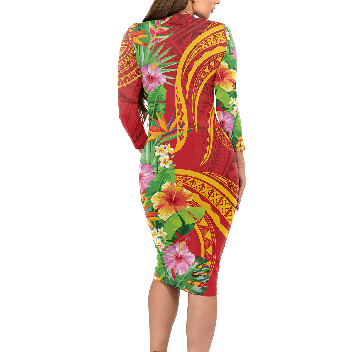 Polynesian Tribal Flower Tattoo Long Sleeve Bodycon Dress Special Vermilion Vibe LT9 - Polynesian Pride