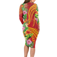 Polynesian Tribal Flower Tattoo Long Sleeve Bodycon Dress Special Vermilion Vibe LT9 - Polynesian Pride