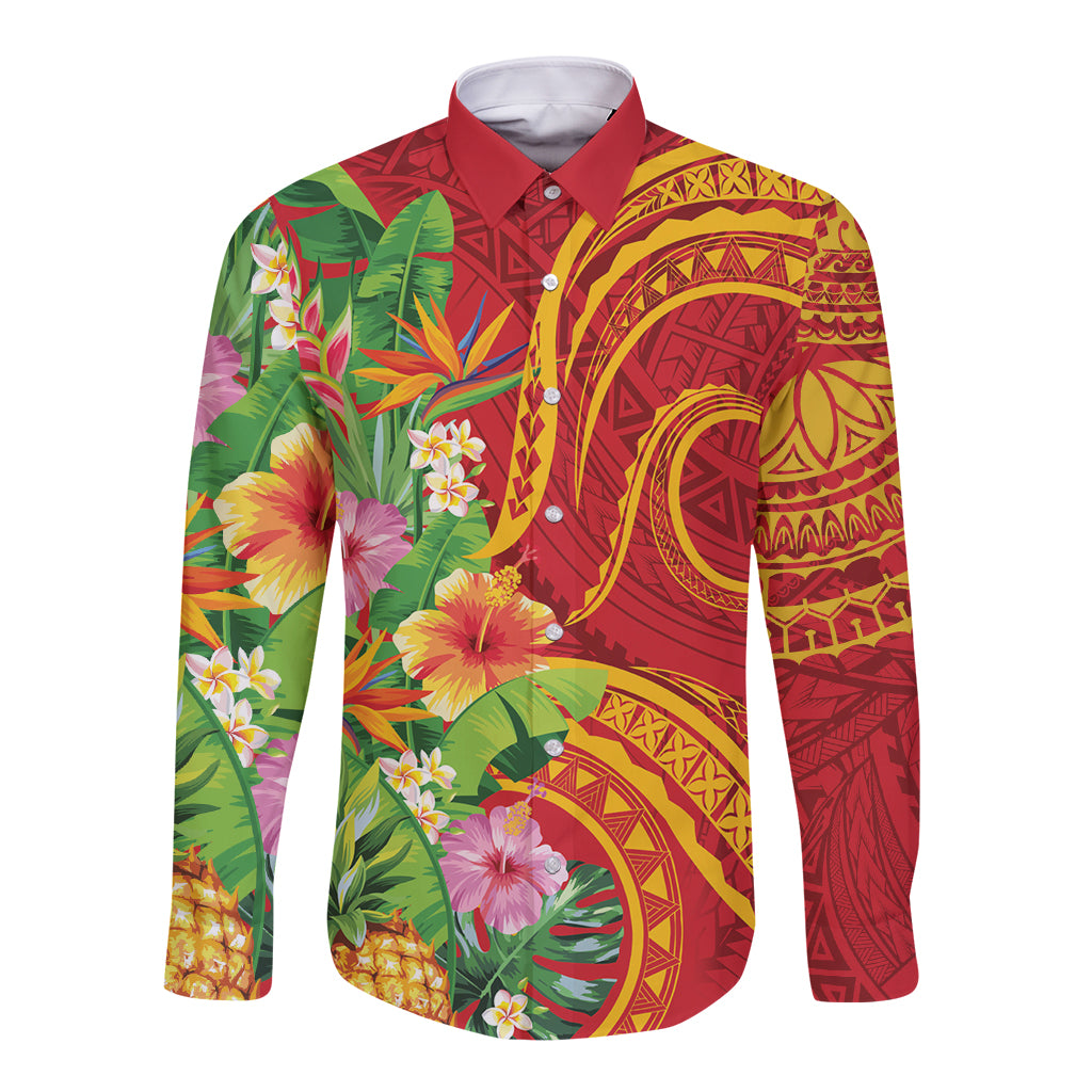 Polynesian Tribal Flower Tattoo Long Sleeve Button Shirt Special Vermilion Vibe LT9 Unisex Brownish-red - Polynesian Pride