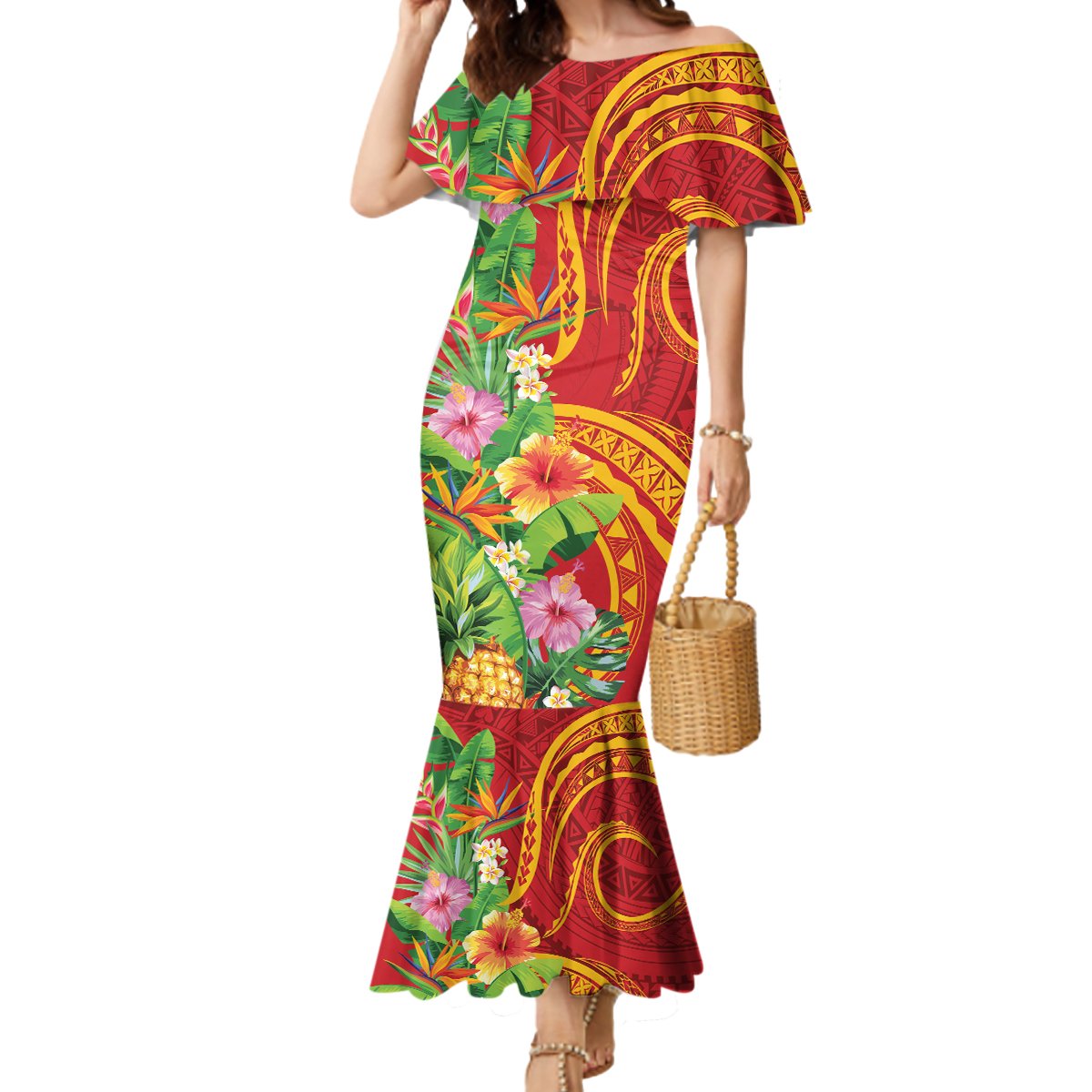 Polynesian Tribal Flower Tattoo Mermaid Dress Special Vermilion Vibe LT9 Women Brownish-red - Polynesian Pride