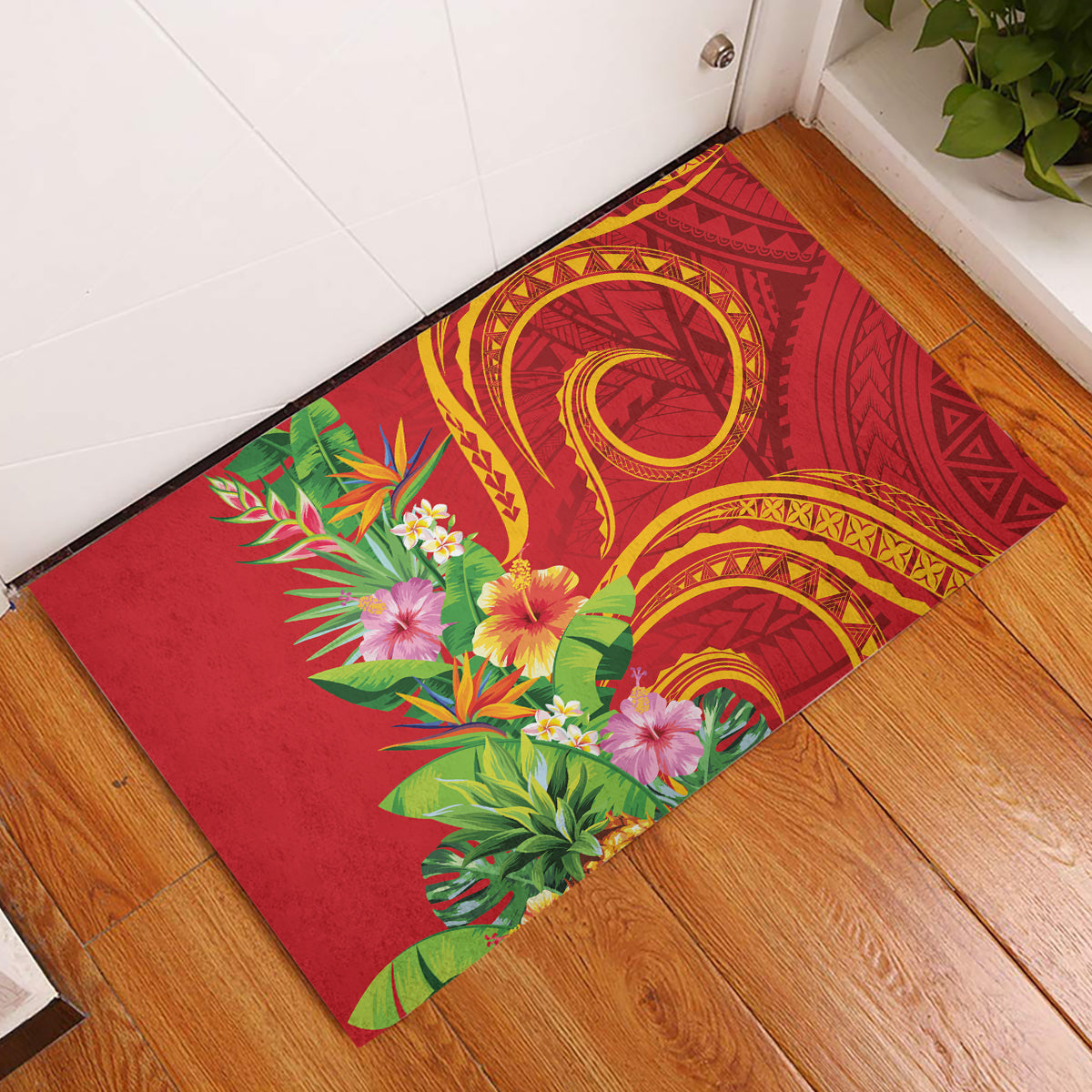 Polynesian Tribal Flower Tattoo Rubber Doormat Special Vermilion Vibe