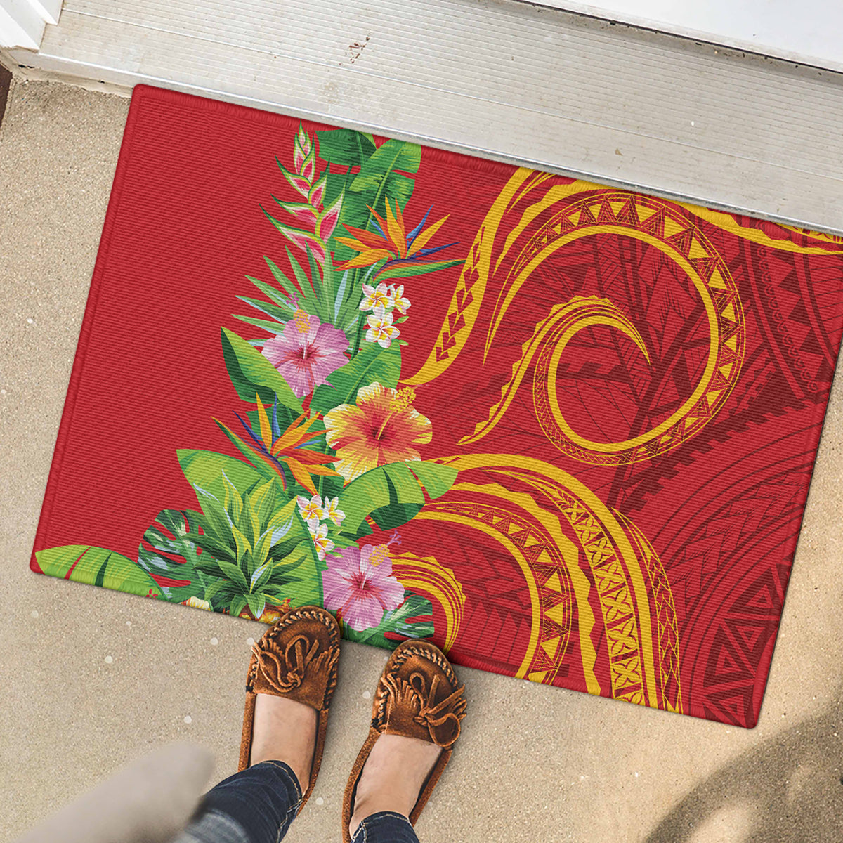 Polynesian Tribal Flower Tattoo Rubber Doormat Special Vermilion Vibe