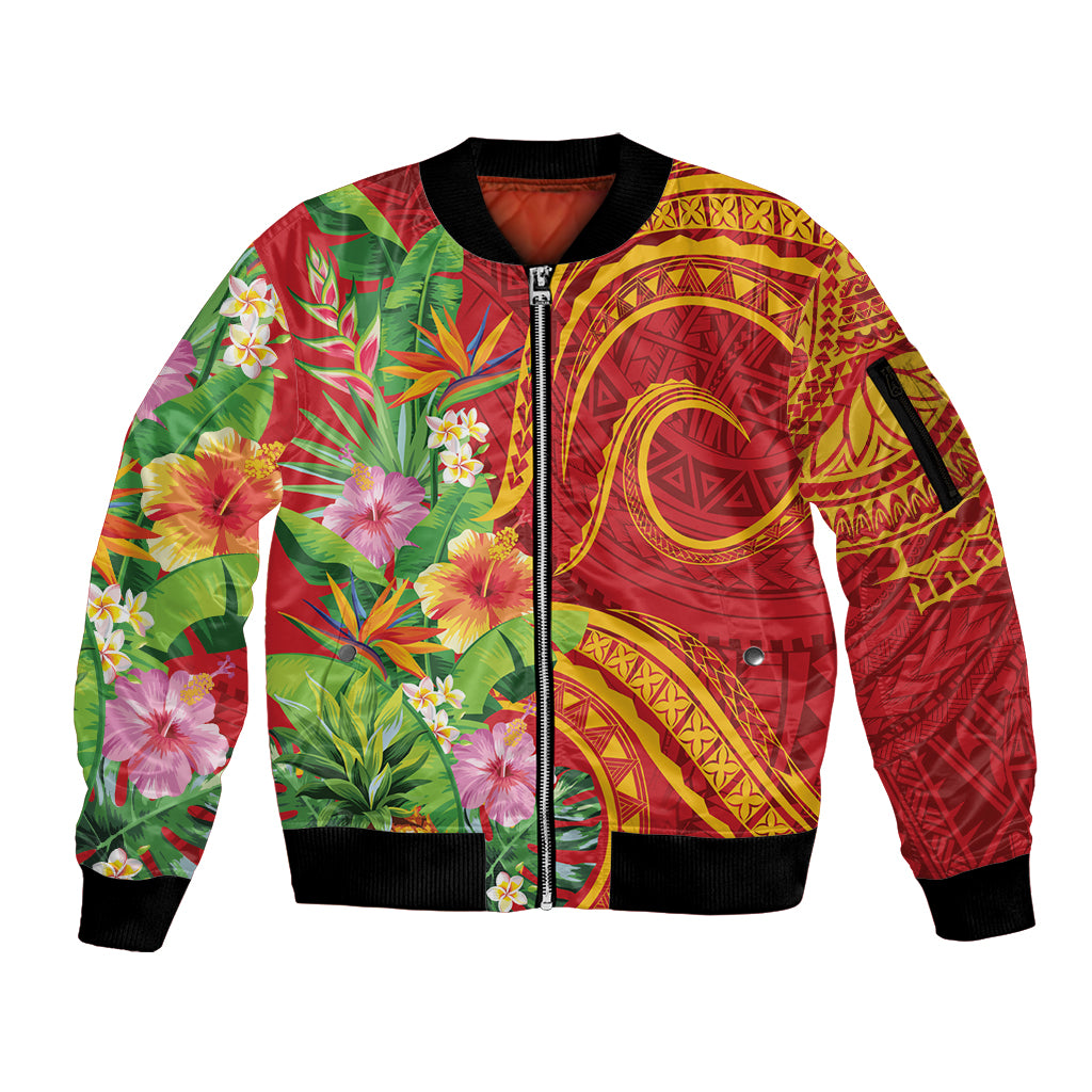 Polynesian Tribal Flower Tattoo Sleeve Zip Bomber Jacket Special Vermilion Vibe LT9 Unisex Brownish-red - Polynesian Pride