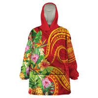 Polynesian Tribal Flower Tattoo Wearable Blanket Hoodie Special Vermilion Vibe LT9 One Size Brownish-red - Polynesian Pride