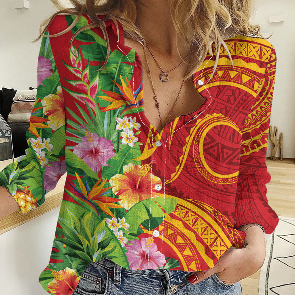 Polynesian Tribal Flower Tattoo Women Casual Shirt Special Vermilion Vibe LT9 Female Brownish-red - Polynesian Pride