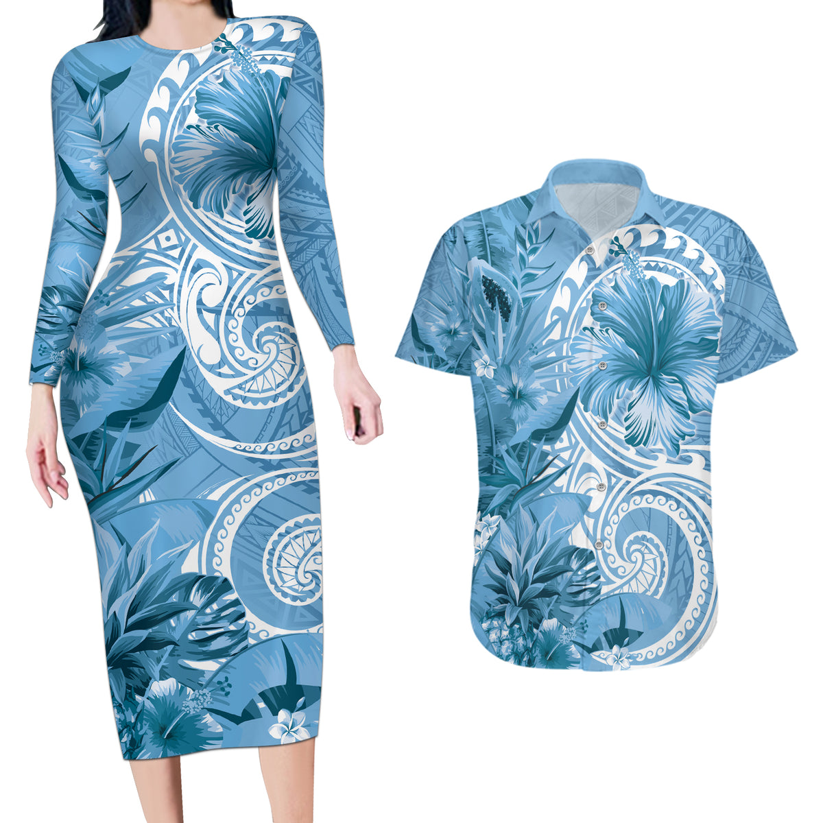 Polynesian Hibiscus Flower Tribal Couples Matching Long Sleeve Bodycon Dress and Hawaiian Shirt Blue Color LT9 Blue - Polynesian Pride