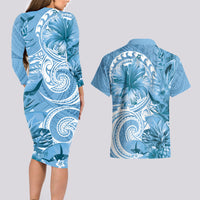 Polynesian Hibiscus Flower Tribal Couples Matching Long Sleeve Bodycon Dress and Hawaiian Shirt Blue Color LT9 - Polynesian Pride