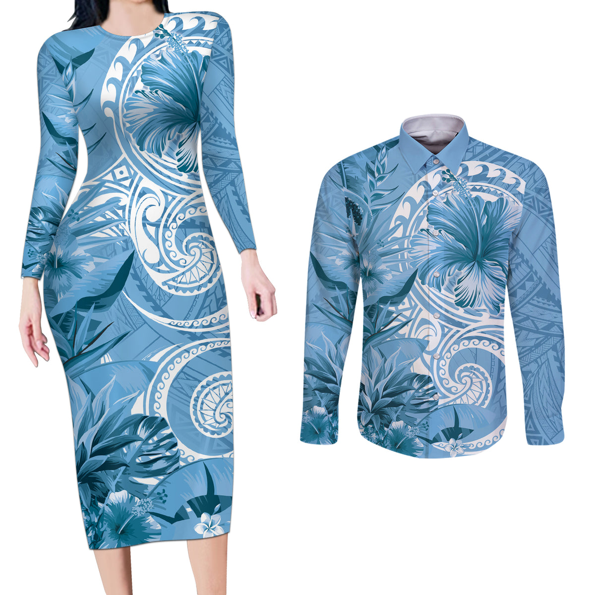 Polynesian Hibiscus Flower Tribal Couples Matching Long Sleeve Bodycon Dress and Long Sleeve Button Shirt Blue Color LT9 Blue - Polynesian Pride