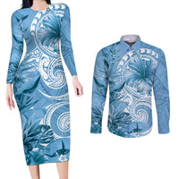 Polynesian Hibiscus Flower Tribal Couples Matching Long Sleeve Bodycon Dress and Long Sleeve Button Shirt Blue Color LT9 Blue - Polynesian Pride