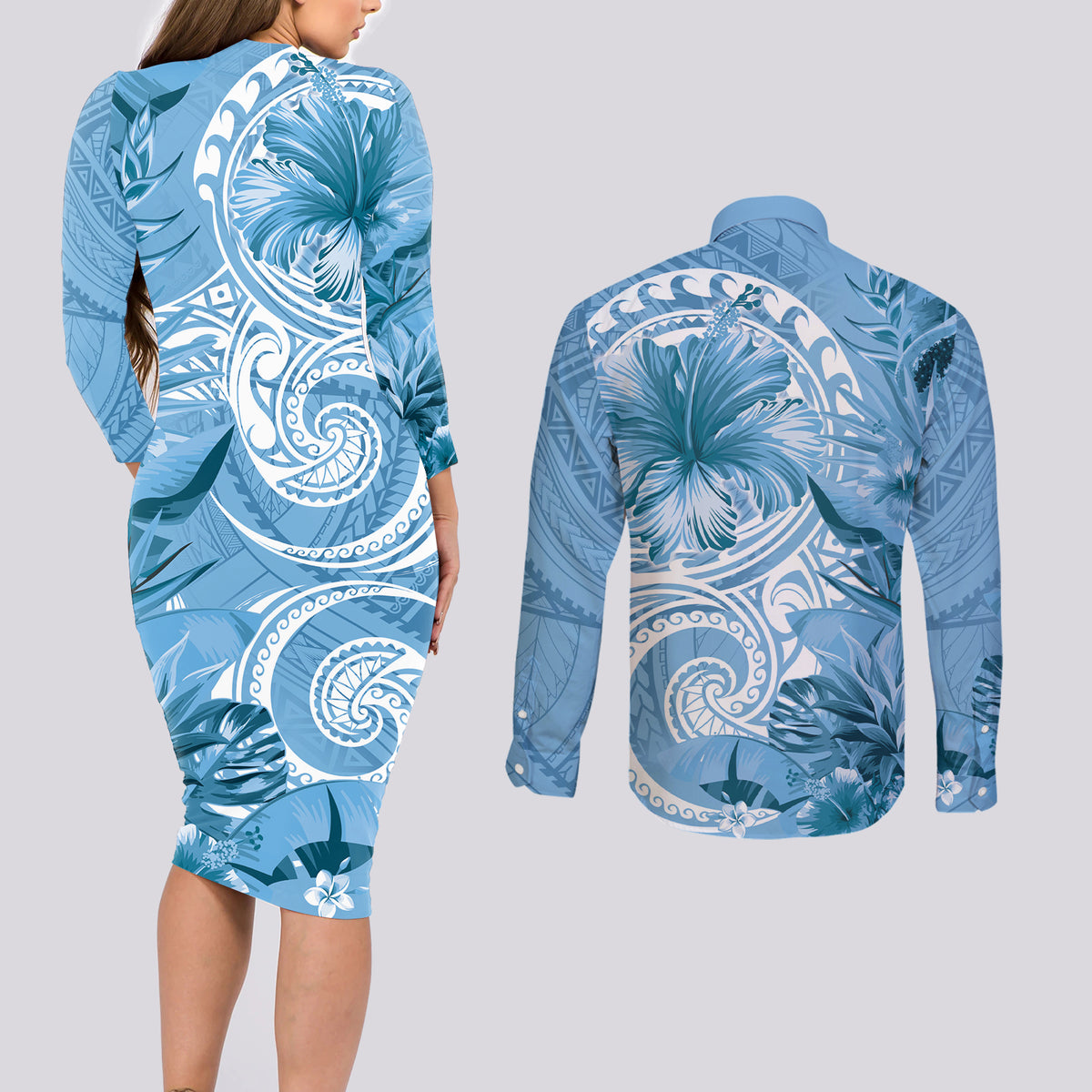 Polynesian Hibiscus Flower Tribal Couples Matching Long Sleeve Bodycon Dress and Long Sleeve Button Shirt Blue Color LT9 - Polynesian Pride