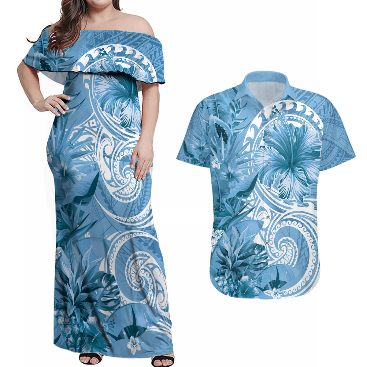 Polynesian Hibiscus Flower Tribal Couples Matching Off Shoulder Maxi Dress and Hawaiian Shirt Blue Color LT9 Blue - Polynesian Pride