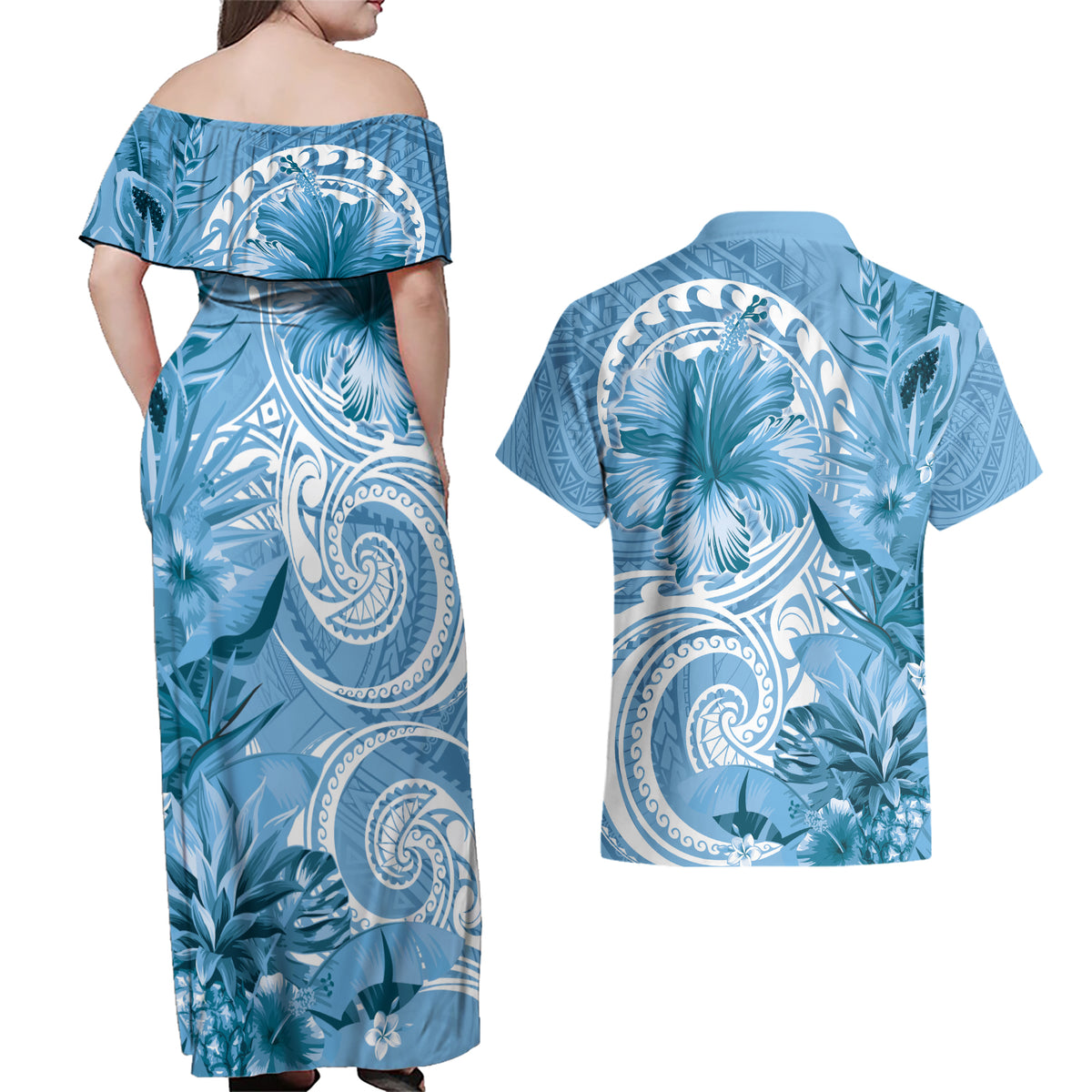 Polynesian Hibiscus Flower Tribal Couples Matching Off Shoulder Maxi Dress and Hawaiian Shirt Blue Color LT9 - Polynesian Pride