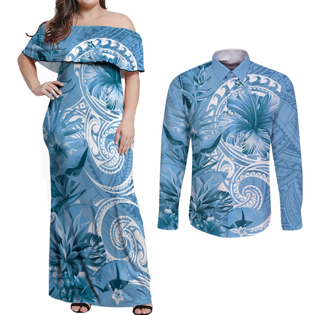 Polynesian Hibiscus Flower Tribal Couples Matching Off Shoulder Maxi Dress and Long Sleeve Button Shirt Blue Color LT9 Blue - Polynesian Pride