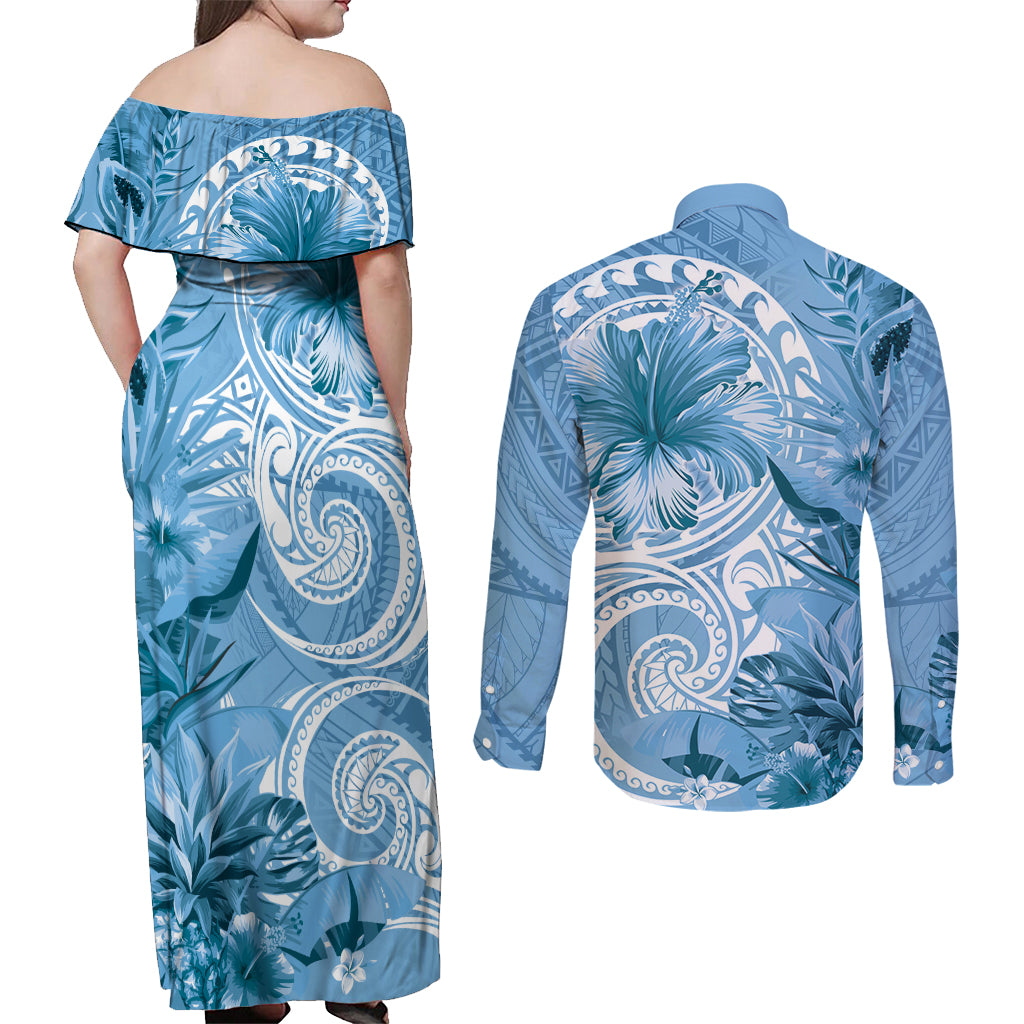 Polynesian Hibiscus Flower Tribal Couples Matching Off Shoulder Maxi Dress and Long Sleeve Button Shirt Blue Color LT9 - Polynesian Pride