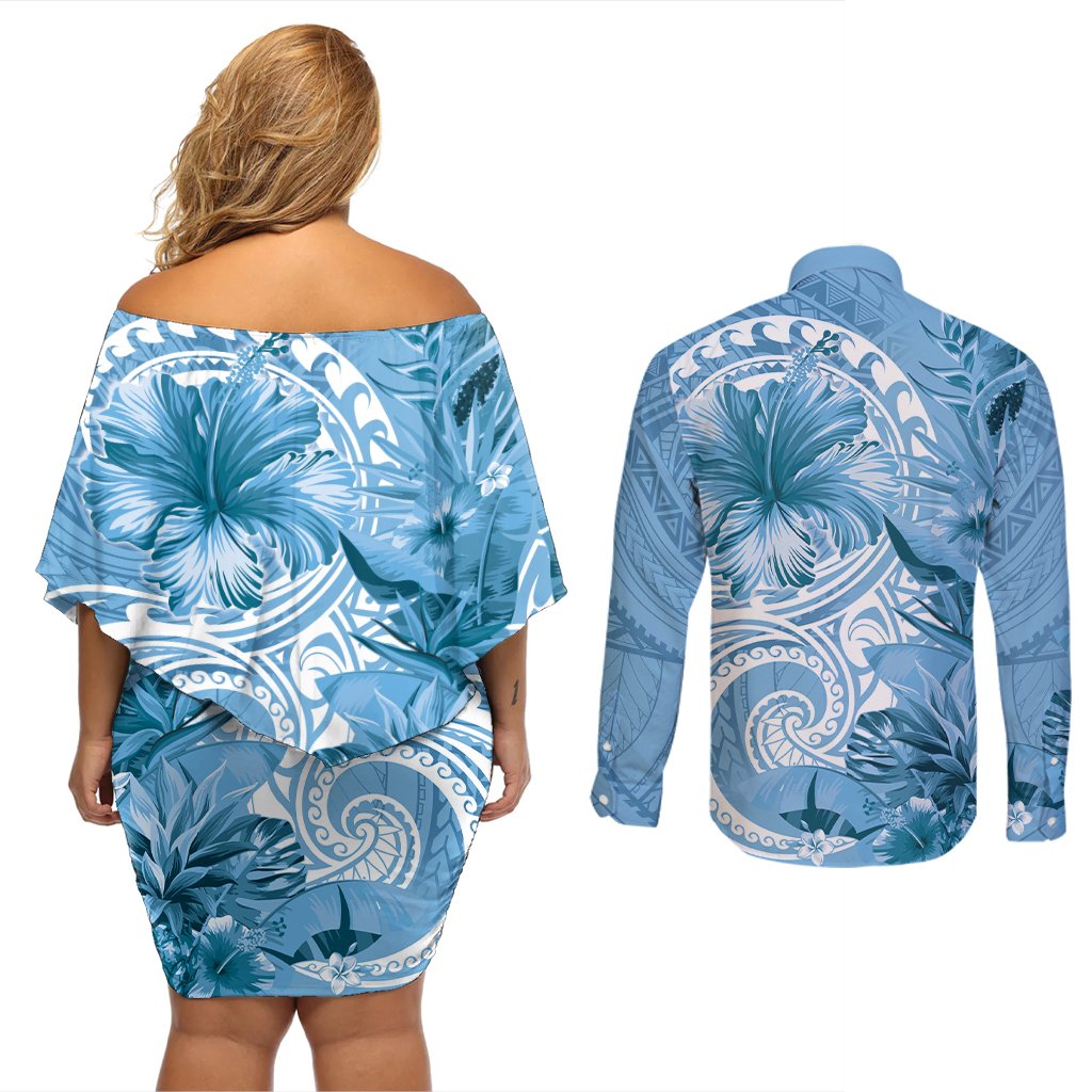 Polynesian Hibiscus Flower Tribal Couples Matching Off Shoulder Short Dress and Long Sleeve Button Shirt Blue Color LT9 - Polynesian Pride