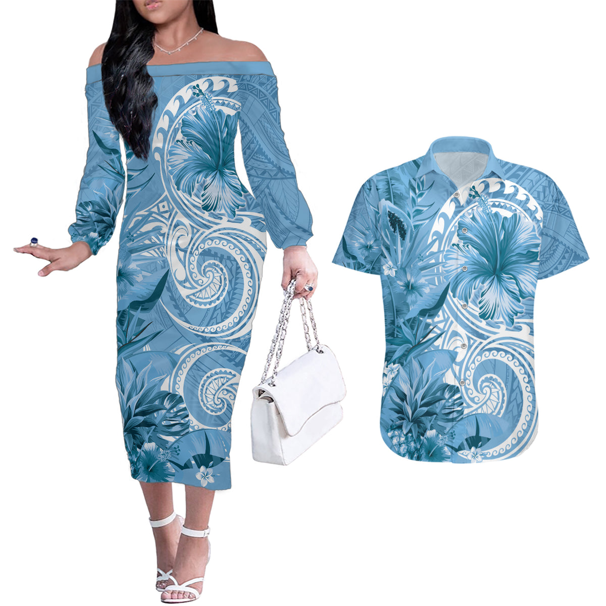 Polynesian Hibiscus Flower Tribal Couples Matching Off The Shoulder Long Sleeve Dress and Hawaiian Shirt Blue Color LT9 Blue - Polynesian Pride