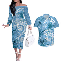Polynesian Hibiscus Flower Tribal Couples Matching Off The Shoulder Long Sleeve Dress and Hawaiian Shirt Blue Color LT9 Blue - Polynesian Pride