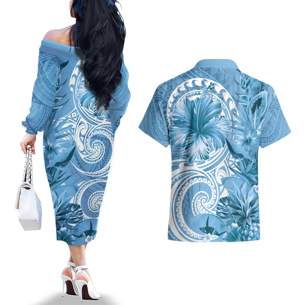 Polynesian Hibiscus Flower Tribal Couples Matching Off The Shoulder Long Sleeve Dress and Hawaiian Shirt Blue Color LT9 - Polynesian Pride