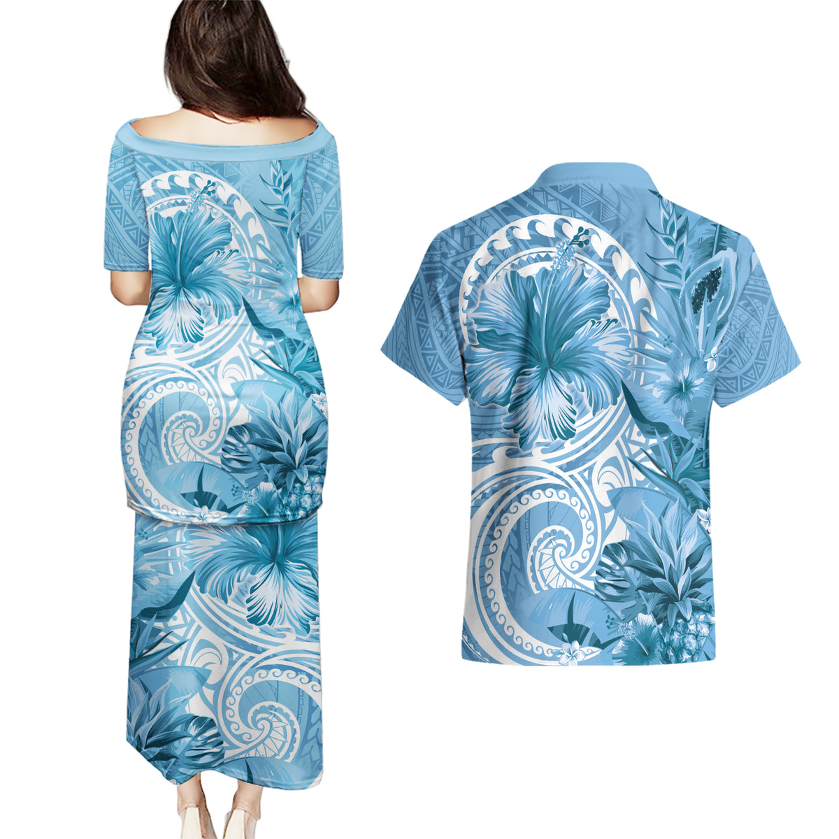 Polynesian Hibiscus Flower Tribal Couples Matching Puletasi and Hawaiian Shirt Blue Color LT9 - Polynesian Pride