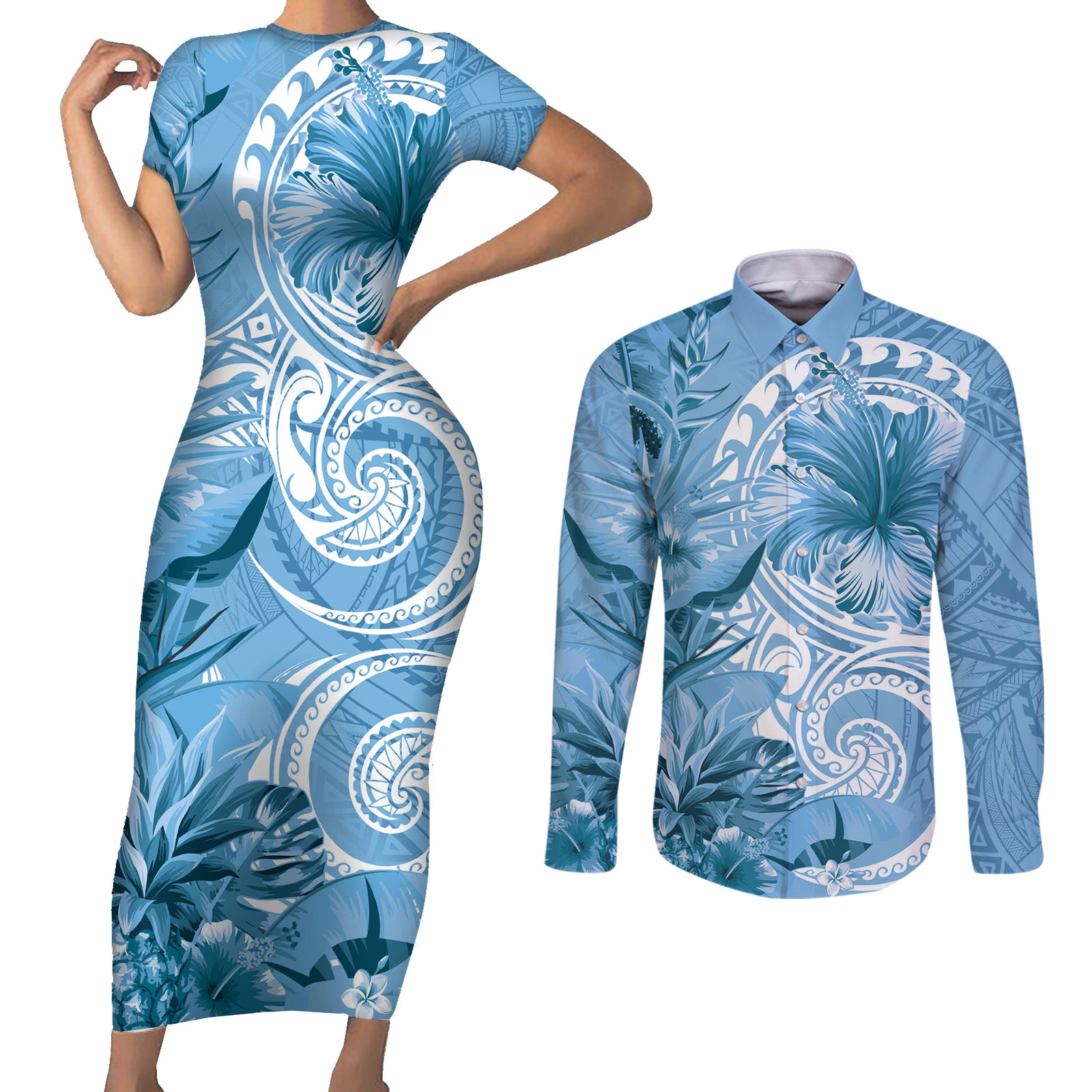 Polynesian Hibiscus Flower Tribal Couples Matching Short Sleeve Bodycon Dress and Long Sleeve Button Shirt Blue Color