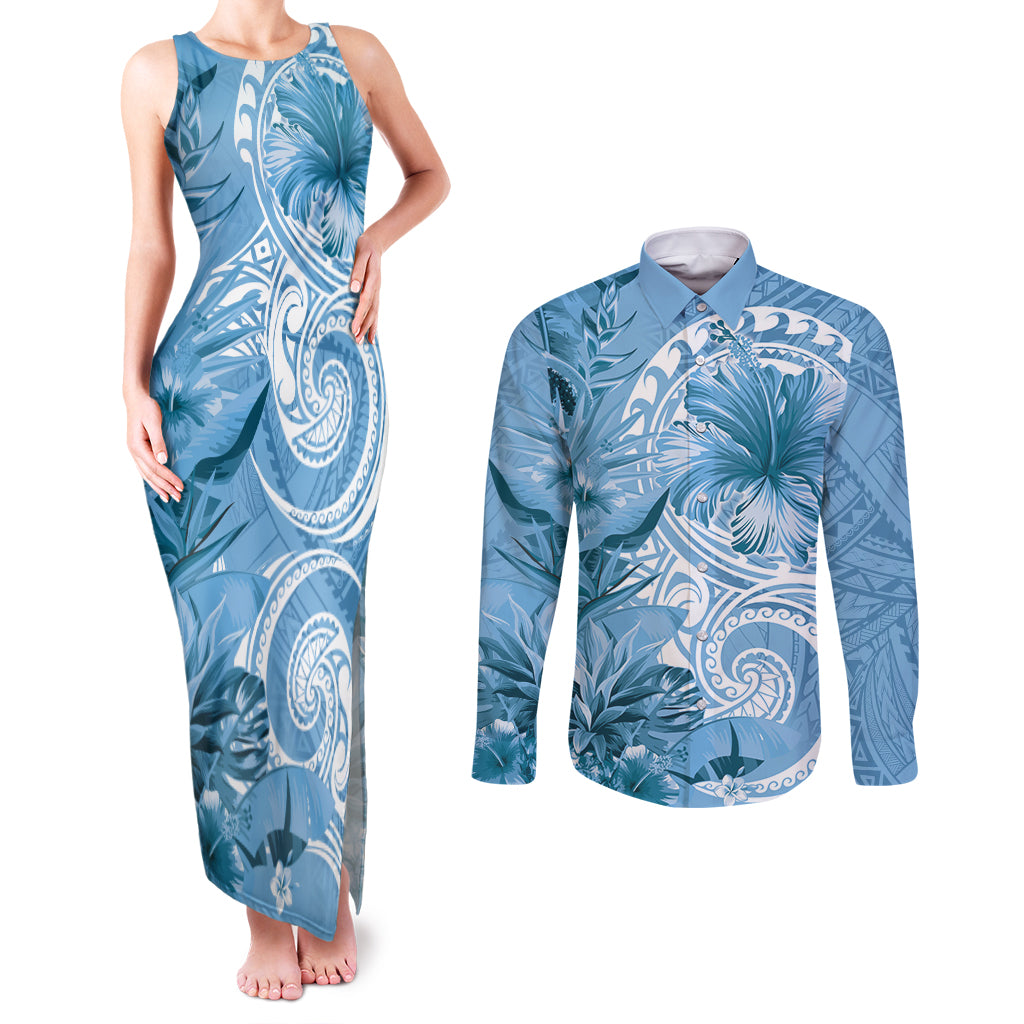 Polynesian Hibiscus Flower Tribal Couples Matching Tank Maxi Dress and Long Sleeve Button Shirt Blue Color LT9 Blue - Polynesian Pride